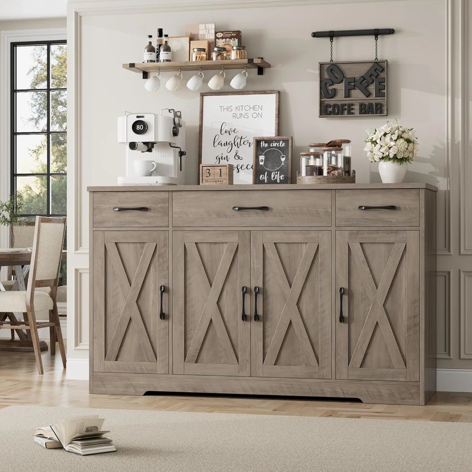 Sideboard with drawers, large 55-inch sideboard, sideboard storage with shelves and doors, modern farmhouse coffee bar wood kitchen dining table