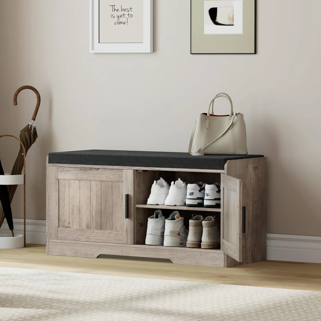 2-Tier Storage Bench, Shoe Bench with Thickened Padded Seat Cushion, Entryway Bench with 4 Doors, Adjustable Shelf