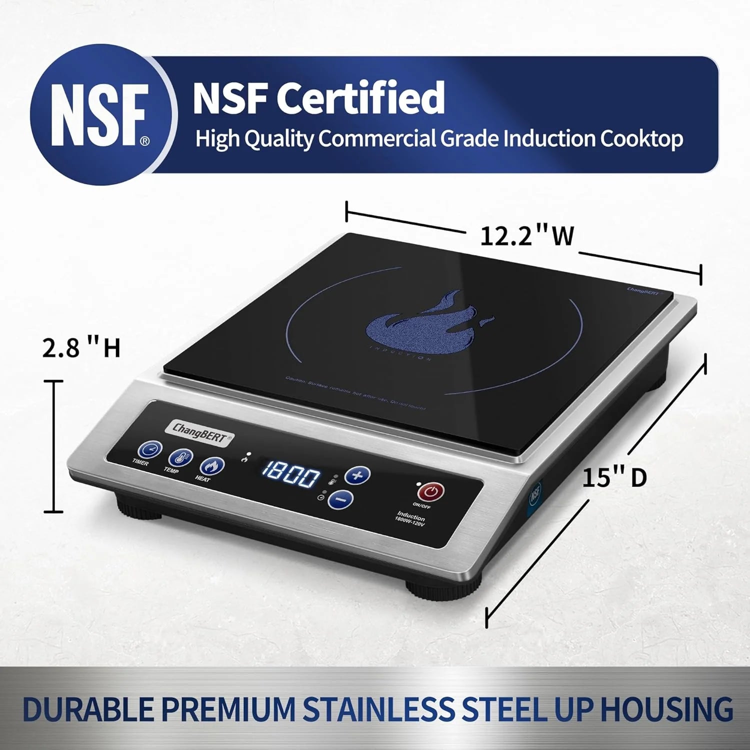 Induction Cooktop Portable Cooker with Large 8-inch Heating Coil Stainless Steel Countertop Burner
