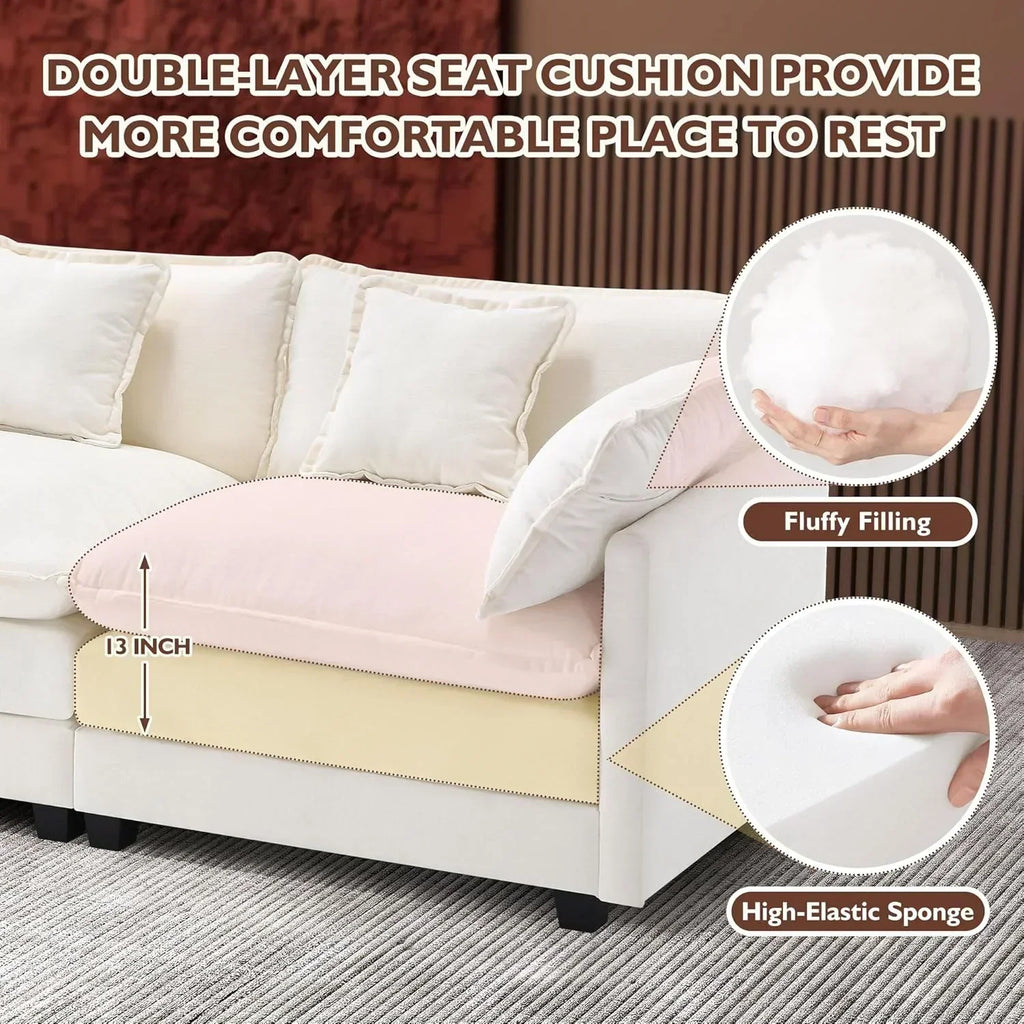 111.4 Inch L Shaped Modern Sofa Modular Cloud Sofa with Ottoman 4 Seater Chenille Deep Seat Sofa